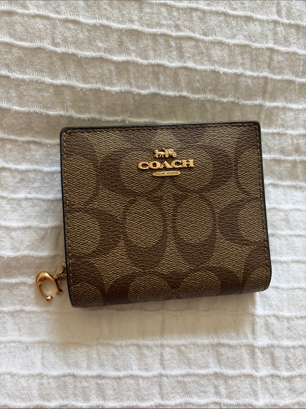 Coach Brown Monogram Compact Wallet with Gold Hardware